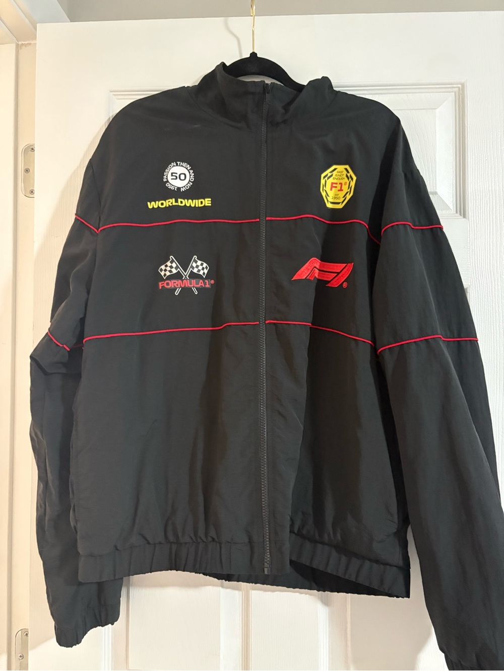 Black Formula 1 Zip Front Jacket with Red Accents
